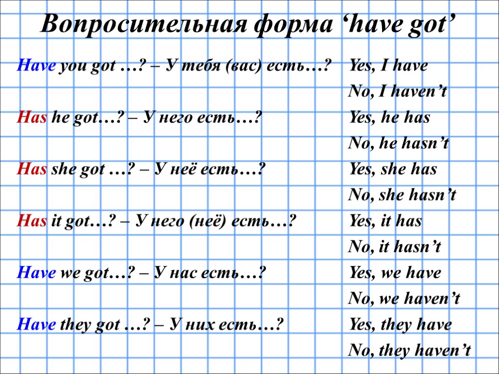 Вопросительная форма ‘have got’ Have you got …? – У тебя (вас) есть…? Has